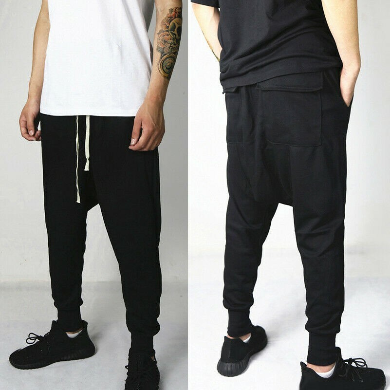 Baggy Sweatpants Black Drop Crotch Joggers Men Cotton Drop Low