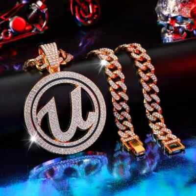 Usher U Medal Pendant 13mm 20'' Iced Cuban Cubic Zirconia Chain Hip Hop Necklace