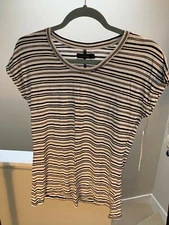 Calvin Klein Womens V-neck Striped Shirt White White Small New with Tag