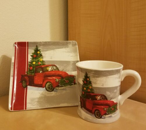 NEW MAGENTA CHRISTMAS TREE WREATH RED TRUCK PUPPY HOLIDAY MUG & PLATE Home Decor - Picture 1 of 4