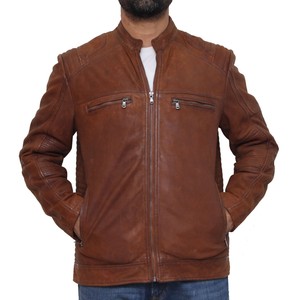 tan collarless leather jacket