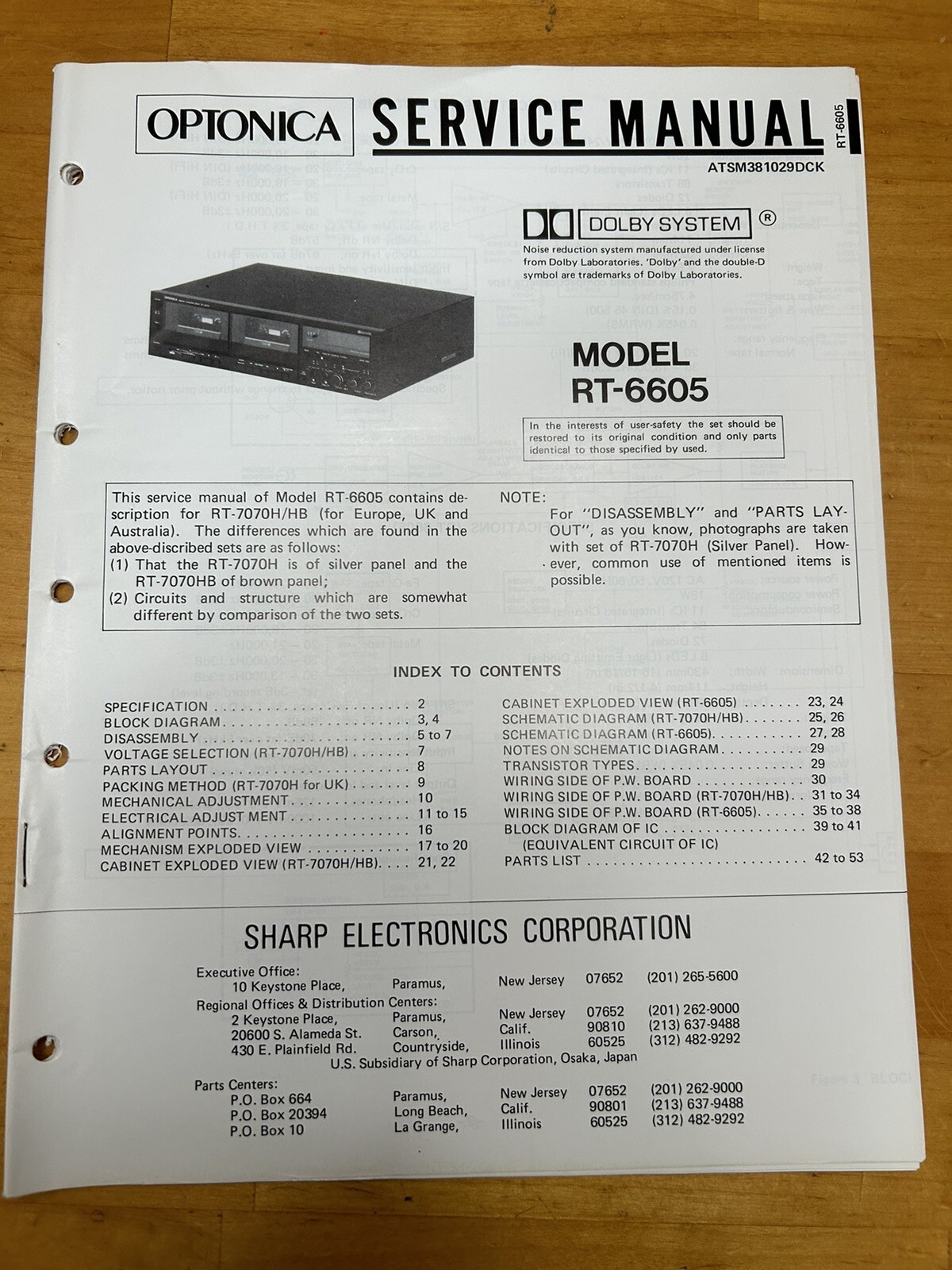 Sharp Optonica RT-6605 Cassette Tape Deck Service Manual Vintage OEM Diagrams