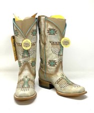 CORRAL DISTRESSED WHITE TURQUOISE AZTEC EMBROIDERY COWBOY BOOTS
