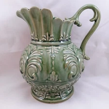 Vintage Embossed Green Ceramic Raised Relief Decorative Pitcher Decoration Only