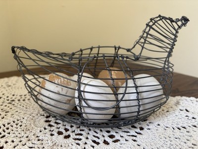 Vintage Wire Chicken Hen With Five Wooden Eggs, Kitchen Decoration