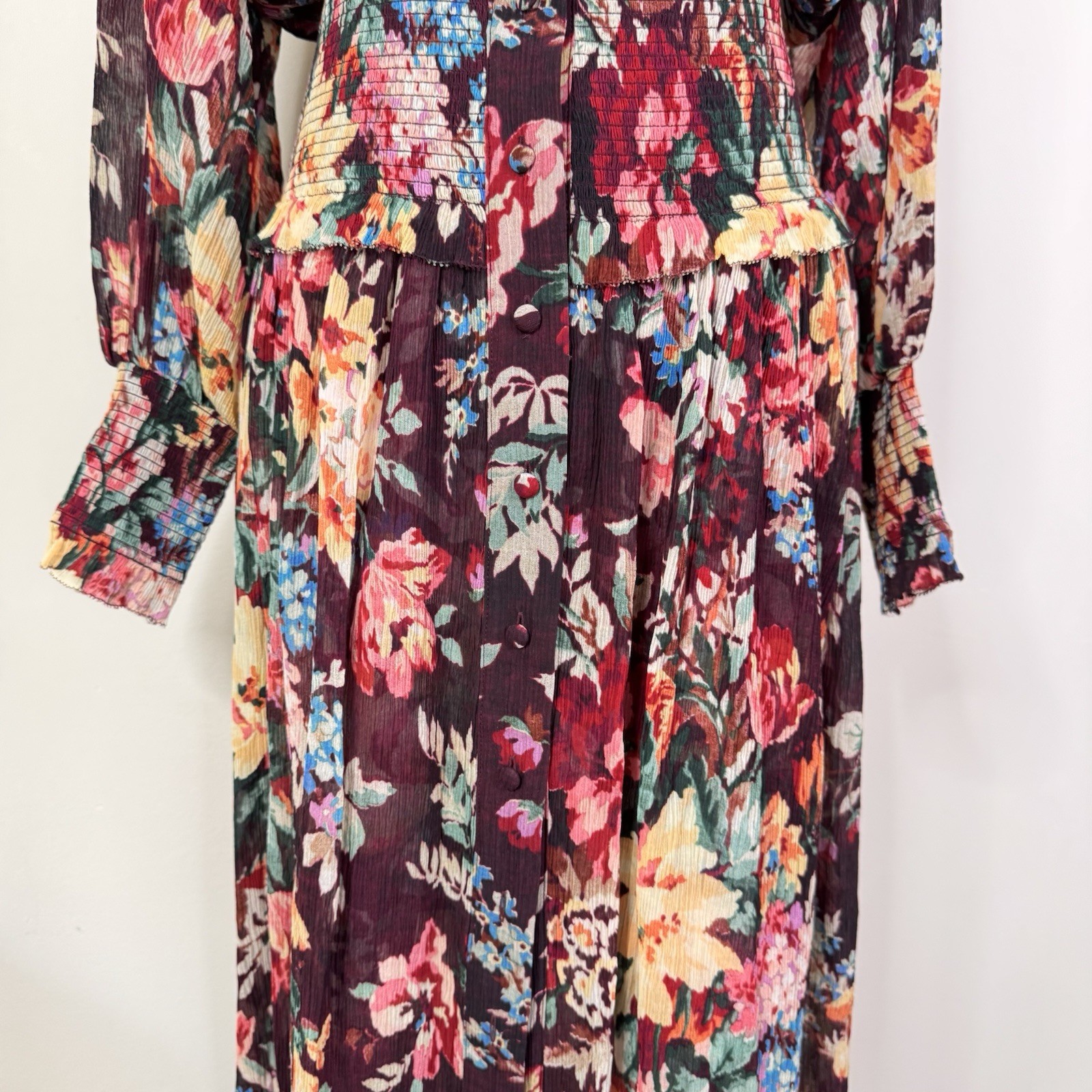 ZIMMERMANN Allia Shirred Long Dress Burgundy Floral Cotton Silk Size 4 / 8 UK 