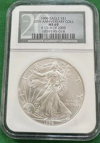 1996 American Silver Eagle MS69 NGC 20th Anniversary Collection Label