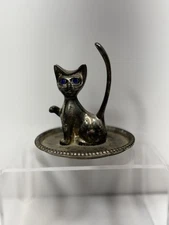 Vintage Silver Plated Cat Ring Holder Trinket Jewelry Dish 3.75"  Blue Eyes