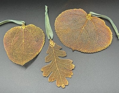 3 Copper Dipped Real Leaf Christmas Fall Ornaments Oak, Aspen w/ ribbon 2.5  +