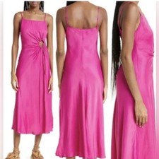 Farm Rio Dress Midi Slip Circle Cutout in Hot Pink Satin
