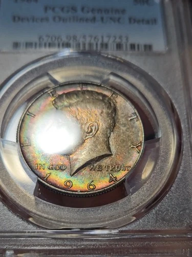 1964 Toned Kennedy Half Dollar PCGS Genuine UNC Detail Toning 50C