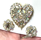 Vintage SIGNED CORO iridescent glass cab rhinestone heart brooch earrings set — photo 1