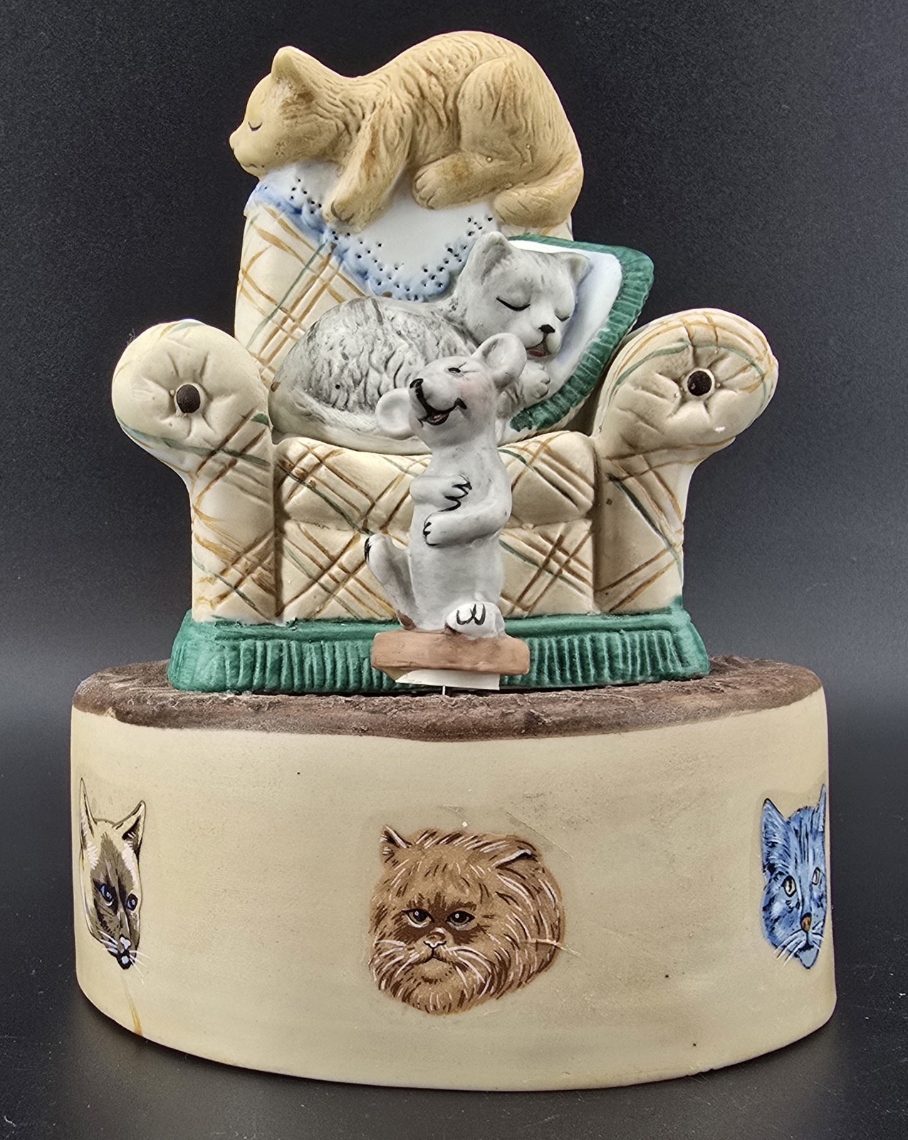 Vtg MSR Cats On Chair Ceramic Music Box Mouse Spins Plays Impossible Dream