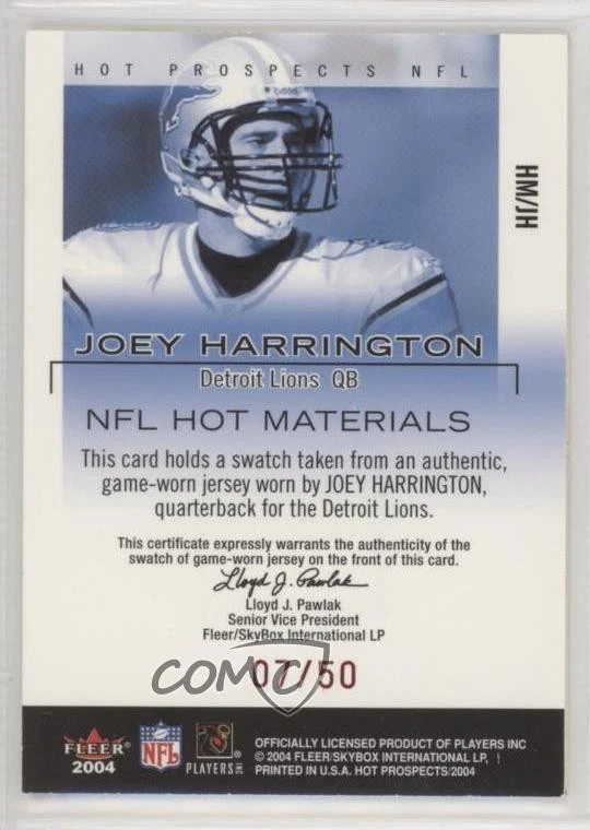 2004 Fleer Hot Prospects Hot Materials Red Hot /50 Joey Harrington #HM/JH - Image 2 of 2