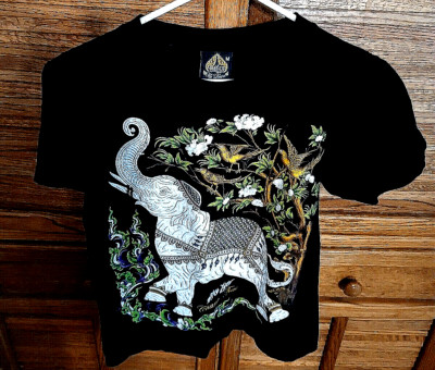 My Dream Thailand Adult Medium Elephant Shirt Raised Textured Chang Thai Black