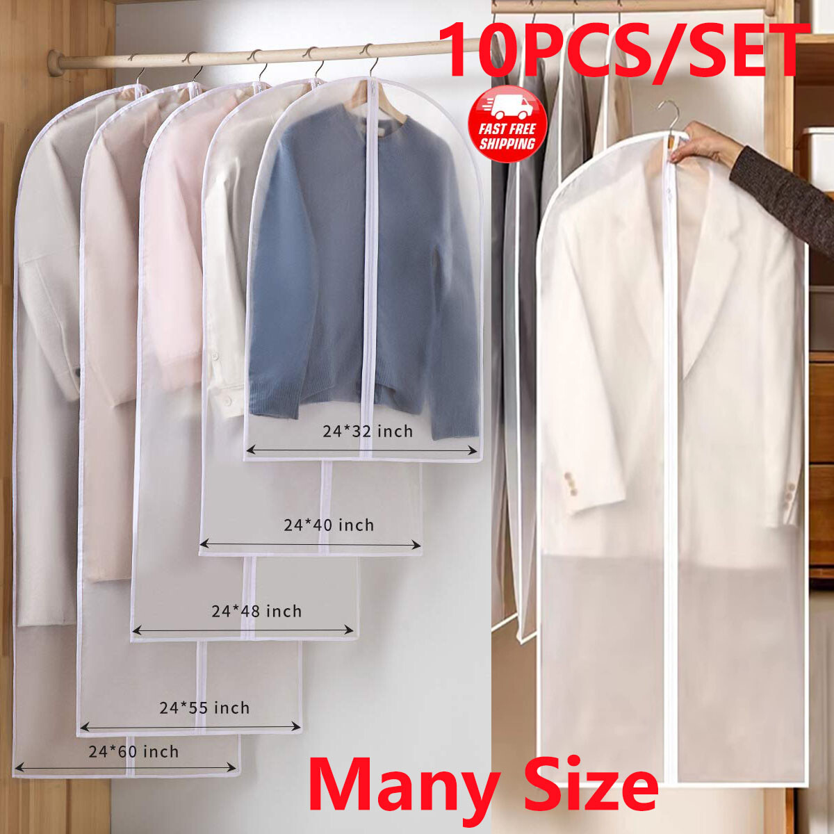 10Pcs Clear Polythene Garment Covers Suit Dress Coat Dust Protector Zip