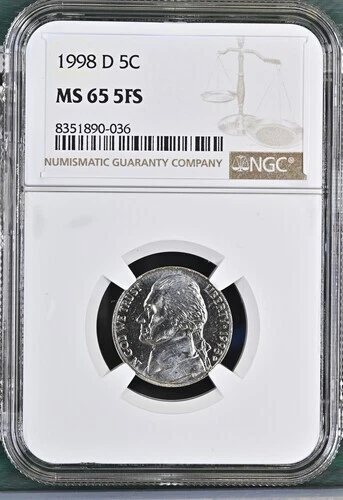 1998-D Jefferson nickel graded by NGC MS65 5FS