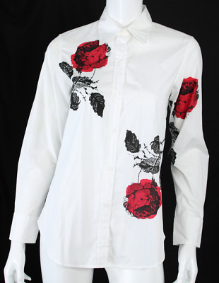 LIBERTINE 2022 White Cotton Poplin Red Rose Print Long Sleeve Blouse XS