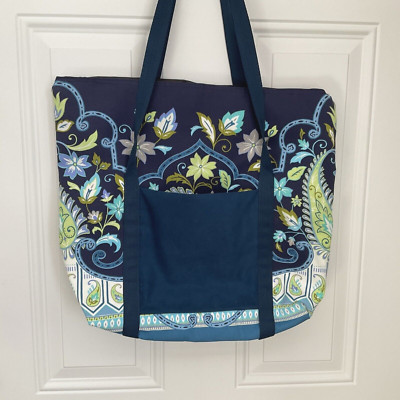 Needlepoint Tote Bag Large Accommodate 15''-16'' Wooden Frame Cotton Navy PaisleyM