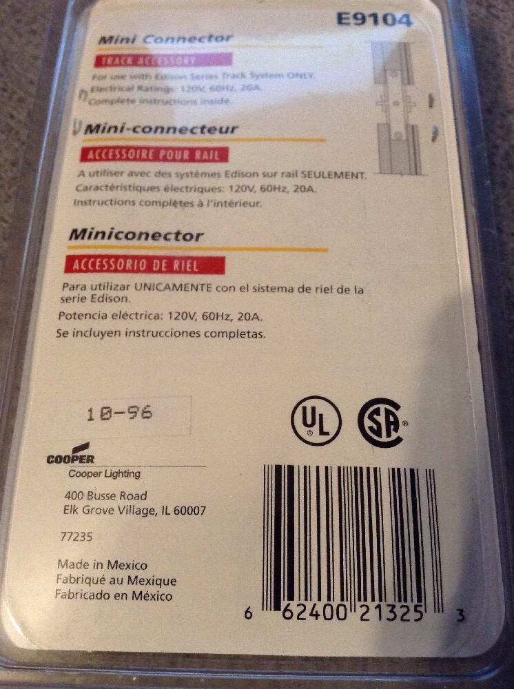 NEW EDISON TRACK LIGHTING SYSTEM E9104 MINI CONNECTOR 120V, 60Hz, 20A 