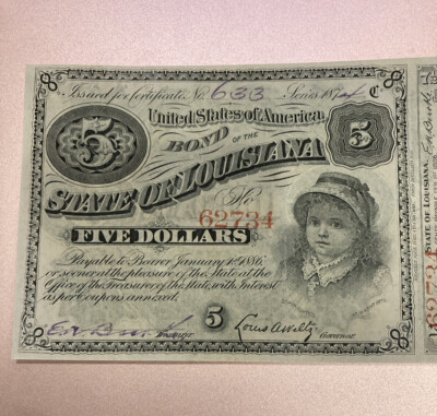 louisiana tobacco tax bond US 1886 STATE OF LOUISIANA $5 STATE BOND RARE