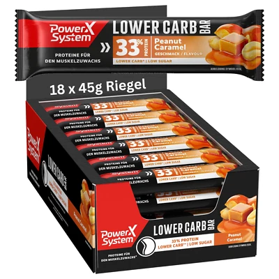 POWER SYSTEM Protein Riegel Lower Carb Bar Peanut Caramel 18x45g Low Sugar High Protein