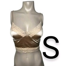 Satin Silky Champagne Tan Cami Lace Trim Crop Top Size S