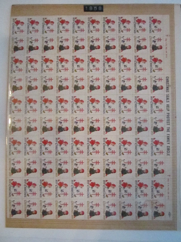 10 U.S. CHRISTMAS SEALS SHEETS - MINT - 1957-1966 - STUCK TO CARDBOARD - TUB EE - Image 3 of 4
