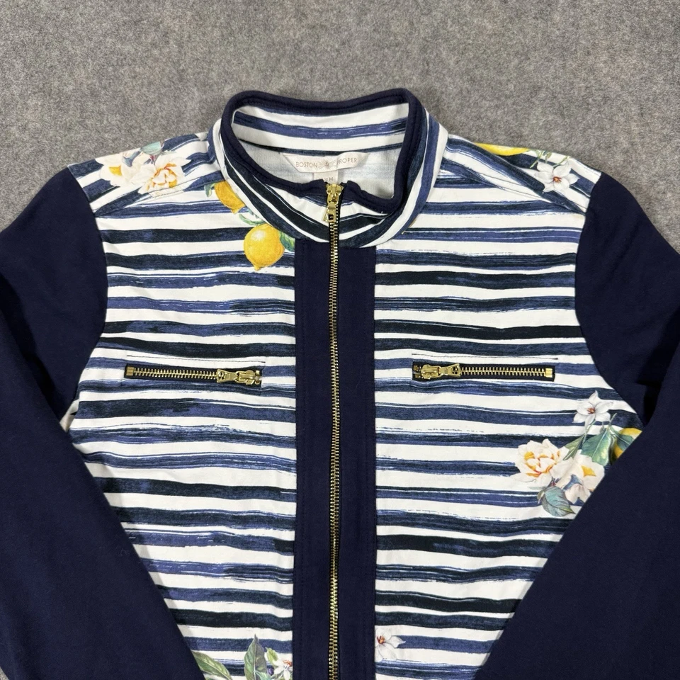 Bostom Proper Lemon 印花别致拉链轰炸机夹克女式中号海军蓝 — 第 3/4 张图片