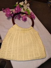 Vintage Boho 70's Macrame Cream Colored Bag With Tortoiseshell Acrylic Round...