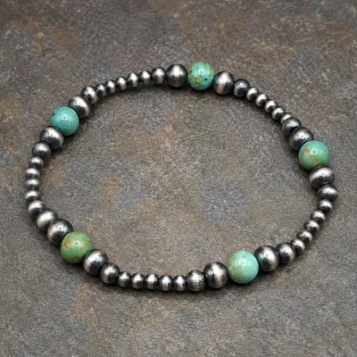 Genuine Green Turquoise Navajo Pearls Stretch Bracelet SW Sterling Silver - Image 1 of 4