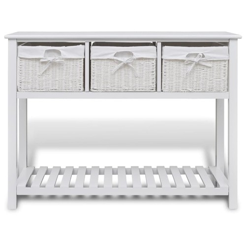 Weißes Sideboard mit Aufbewahrung aus Holz mit geflochtenen Körben & belüftetem Regal - Bild 2 von 8