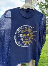Celestial Sun & Moon  Upcycled Poncho Top  Boho Mystic Graphic Women’s Small/Med