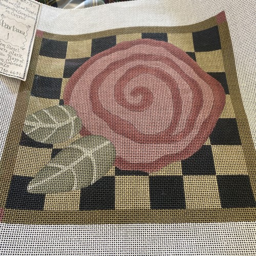 Ewe And Eye Handpainted Needlepoint Canvas Barbara J Pink Flower Leaves 10”