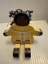 Vintage Shelf Sitter African American Wooden Doll Folk Art 6” X 7”