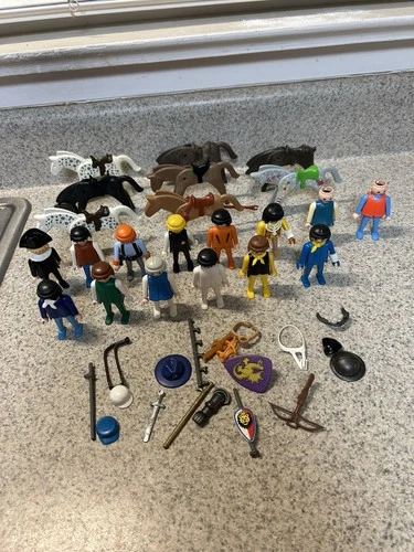 Vtg Geobra Playmobil 1974 Mixed Lot with 14 Figures, 8 Horses, & 19 Accessories