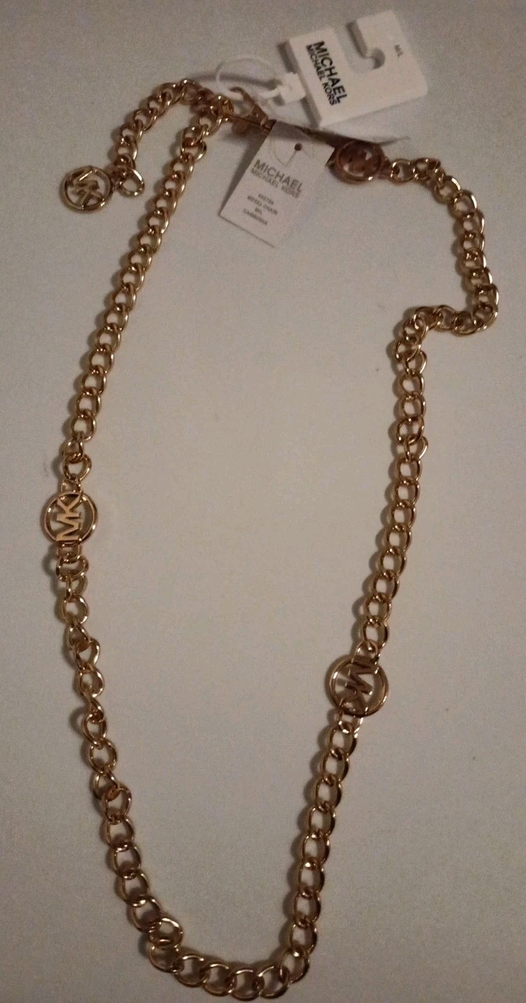 Gold Toned Michael Kors MK Logo Chain Link Belt Adjustable M/L New With Tags