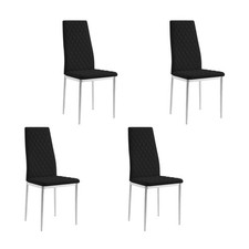 Black Leather Dining Chairs Set of 4, Silver Metal Legs, Solid Built Modern