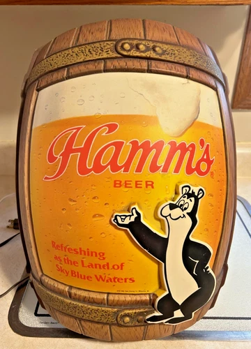 VINTAGE HAMM'S BEER BEAR & BARREL LIGHT UP SIGN - 14" WIDE X 19" LONG - WORKS