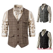 Men's Plaid Tweed Vest Vintage Single-breasted Waistcoat England Style Suit Vest