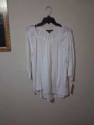 Sharagano Women's White Crochet Accent Woven Polyester Scoop Neck Blouse M