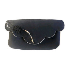 Vintage Envelope Clutch Bag Black Suede Leather Silver Interior Scalloped Flap