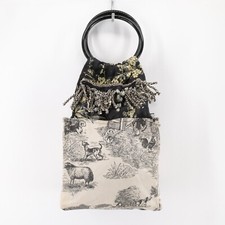 Borsa a mano donna Country Toille francese M nera panna anelli manici frange perline