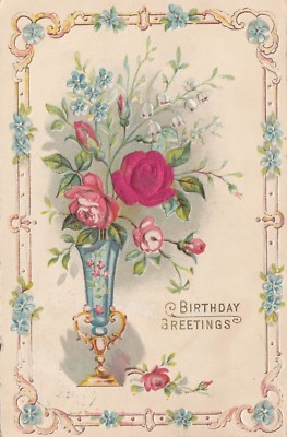 KAPPYS 22418-11 UNKNOWN PUBLISHER POSTED 1907 SILK FLOWERS BIRTHDAY GREETINGS