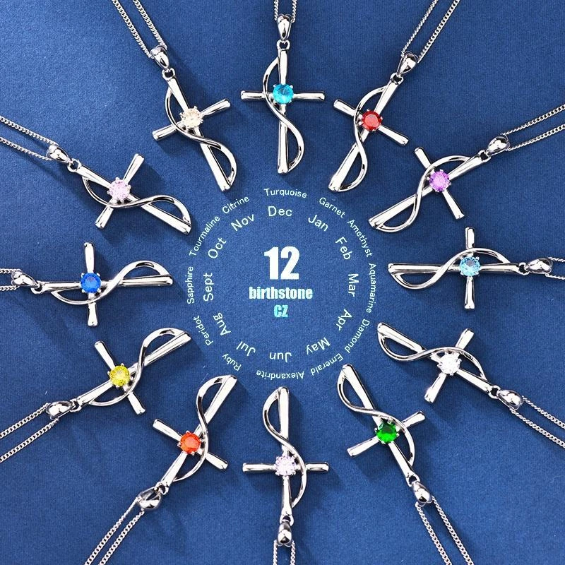 Damen Halskette 925 Silber Geburtsstein Kreuzkette Kreuz Geburtstag Geschenk - Bild 3 von 4