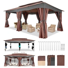 12'x20' Outdoor Gazebo with Curtain & Nettings Heavy Duty Patio Tent Metal Frame