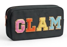 Chenille Alphabet Makeup Kit Bag, Adorable Embroidered Zippered Pouch Black