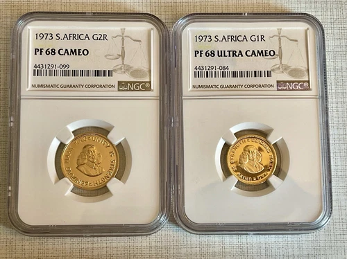 South Africa 1973 Rand & 2 Rand 2pc Gold NGC PF68 Cameo Set Sku# 6112