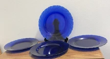 Vtg Duralex Bormioli Rocco Cobalt Blue Swirl Pattern 9-1/4” Dinner Plates. (4)