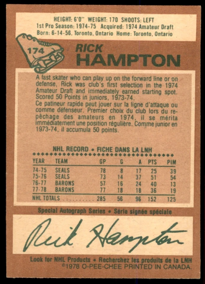 1978-79 O-Pee-Chee NM-MT Rick Hampton #174 - Image 2 of 2